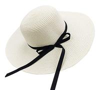 Eight Space Women's Sun Hat Foldable Wide Brim Floppy Straw Hat, Hand Woven Beach Cap Sun Hat UV Protection (White)