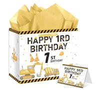 EIGHTSTATES Dump Truck 1st Birthday Gift Bag Large Construction 1st Birthday Gift Bag with Card Gold Tissue Paper Building Theme Decor Supplies for 1 Years Old Boys Anniversary Party Favors