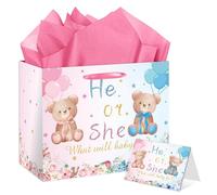 EIGHTSTATES Gift Bag with Card, Tissue Paper Gender Reveal Paper Bag, Pink and Blue He or She Gender Reveal Candy Bags, for Baby Shower Party Supplies Decorations