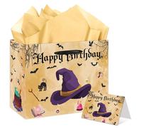 EIGHTSTATES Purple Wizard Hat Birthday Gift Bag Set - Large Yellow Magic Party Favors with Card, Envelope & Tissue Paper - Halloween Wizard Theme Decorations for Girls, Boys (11.8x9.37 Inches)