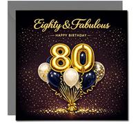 Eighty & Fabulous 80th Birthday Card, 145mm Square, Gold & Black Balloon Design, Luxury Celebration, Happy Birthday Card for 80 Year Old, Includes Dark Grey Envelope