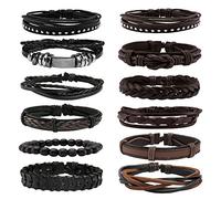 Eigso 12Pcs Braided Leather Bracelets Set for Men Women Hemp Cords Wooden Beads Adjustable Wrap Bracelets