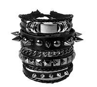 Eigso 3 Pcs Punk and Rock Oldfashion Board Studded Spikes Rivets Vintage Engraved Leather Bracelets for Men and Women with Adjustable Buckle