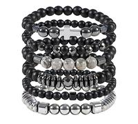 Eigso 6 Pcs Black Stone Beads Bracelets for Men Women Fashionable Fancy Trend Stones Beaded Bracelet Set for Man Woman