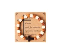 Eigso 8 mm Natural White Sequoia Mala Beaded Wood Link Bracelet for Men Women Stainless Steel Christian Cross Wristband for Man Woman