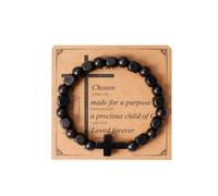 Eigso Black Wooden Beaded Link Bracelet Easter Gift for Men Husband Matte Onyx Beads Christian Cross Wristband for Man Woman