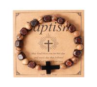 Eigso Brown Wooden Beads Mala Prayer Bracelet for Men Women Stainless Steel Saint Christian Cros Pendant Wristband for Man Woman