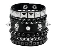 Eigso Punk Leather Studded Bracelets for Women Men Vintage Skull Spiked Bracelet 80s Alt Wristband for Goth Accessory