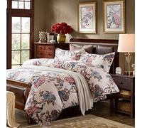 Eikei Oriental Garden Majestic Peacock Bird Floral Duvet Cover Chinoiserie Chic Asian Style Blooming Trees Vines and Branches Long Staple Cotton 3pc Bedding Set (Creamy White, King)