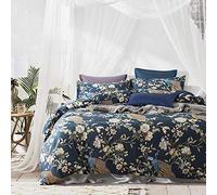 Eikei Oriental Garden Majestic Peacock Bird Floral Duvet Cover Chinoiserie Chic Asian Style Blooming Trees Vines and Branches Long Staple Cotton 3pc Bedding Set (Orion Blue, King)