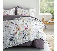 Eikei Windflower Bedding Bloomfield Floral Duvet Cover 3pc Set Cotton Botanical Nature Vines Branches Birds Butterflies Multicolored Flowers (Super King, White)
