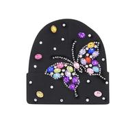 Eilova Orityle Shiny Bling Rhinestone Beanie Cap for Women Y2K Skull Beanies Winter Knit Snow Soft Hat Stretchy Ski Hats, Butterfly-black, One Size