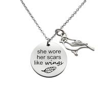 Eilygen Recovery Support Gifts She Wore Her Scars Like Wings Necklace Stainless Steel Pendant Jewelry Bird Sparrow Inspiational Cancer Gifts for Her