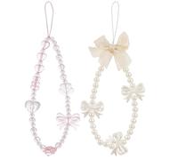 EILYGK 2PCS Mobile Phone Charm, Crystal Bow Flower Pearl Beaded Phone Wrist/Bracelet Strap Chain for Keys, Digital Camera