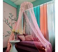 Eimilaly Bed Canopy Mosquito Net with 250pcs Warm White Curtain Lights, Bed Canopy for Girls Room Decor or Theme Party, Pink/Warm White Lights