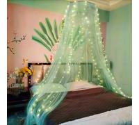 Eimilaly Lace Bed Canopy Mosquito Netting with Warm Lights, Princess Bed Canopy for Girls Room Decor, Green/Single Door