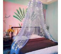Eimilaly Lace Bed Canopy Mosquito Netting with Warm Lights, Princess Bed Canopy for Girls Room Decor, Blue/Single Door