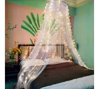 Eimilaly Lace Bed Canopy Mosquito Netting with Warm Lights, Princess Bed Canopy for Girls Room Decor, White/Single Door
