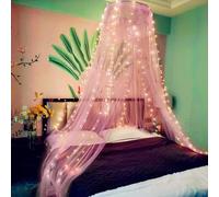 Eimilaly Lace Bed Canopy Mosquito Netting with Warm Lights, Princess Bed Canopy for Girls Room Decor, Pink/Single Door