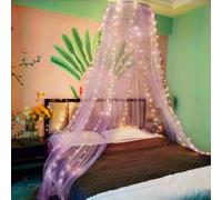 Eimilaly Lace Bed Canopy Mosquito Netting with Warm Lights, Princess Bed Canopy for Girls Room Decor, Purple/Single Door