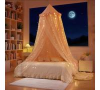 Eimilaly Princess Bed Canopy for Girls, Double Layer Canopy with 250pcs Warm White Curtain Lights, Fits Twin/Full Bed - Fairy Bed Tent for Kids Room Decor,Pink