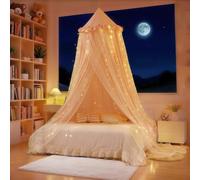 Eimilaly Princess Bed Canopy for Girls, Double Layer Canopy with 250pcs Warm White Curtain Lights, Fits Twin/Full Bed - Fairy Bed Tent for Kids Room Decor,Pink