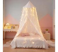 Eimilaly Princess Bed Canopy for Girls, Double Layer Canopy with 250pcs Warm White Curtain Lights, Fits Twin/Full Bed - Fairy Bed Tent for Kids Room Decor,White