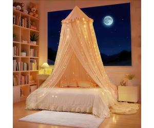 Eimilaly Princess Bed Canopy for Girls, Double Layer Canopy with 250pcs Warm White Curtain Lights, Fits Twin/Full Bed - Fairy Bed Tent for Kids Room Decor,Pink