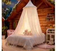 Eimilaly Princess Bed Canopy for Girls, Double Layer Canopy with Cutout Stars, Breathable Dream Canopy & Washable Purple Fabric, Fits Twin/Full Bed - Fairy Bed Tent for Kids Room Decor, White