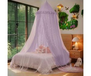 Eimilaly Princess Bed Canopy for Girls, Double Layer Canopy with Cutout Stars, Breathable Dream Canopy & Washable Purple Fabric, Fits Twin/Full Bed - Fairy Bed Tent for Kids Room Decor, Purple