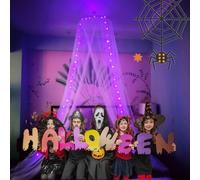 Eimilaly Spider Bed Canopy Mosquito Net with Purple Lights for Halloween Decor - Bed Canopy for Adults, Babies, White/Single Door