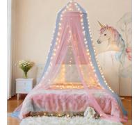 Eimilaly Two-tone Bed Canopy Mosquito Net Pink Blue with 250pcs Warm Lights, Bed Canopy for Girls Room Decor, Single Door