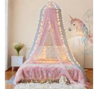 Eimilaly Two-tone Bed Canopy Mosquito Net Pink Grey with Warm Lights, Bed Canopy for Girls Room Decor, Single Door