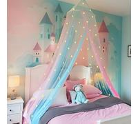 Eimilaly Two-tone Bed Canopy Stars Glow in the Dark Pink Blue, Mosquito Net Bed Canopy for Girls Room Decor, Single Door