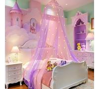 Eimilaly Two-tone Bed Canopy Stars Glow in the Dark Pink Purple, Mosquito Net Bed Canopy for Girls Room Decor, Single Door