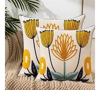 EIMOPE Hand Made National Embroidery Spring Flower Cushion Cover Bohemian Style Car Garden Outdoor Home Decoration Throw Pillow Cover, Polyester Linen Pillowcase, Set of 2, 45x45cm
