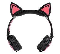 EIMSOAH CL107 Cat Ear Foldable Music Micro USB Headphone Earphone with LED Light for PC Mobile Phone, Lightweight Foldable Headset, Outstanding Sound Quality for Kids (Black Red)