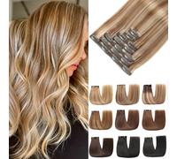 EINbeauty Clip-In Real Hair Extensions, 7 Pieces, 120 g, 60 cm, Straight Real Hair Extensions, Light Brown Mixed Ash Blonde Extensions Clip In (24 Inches, P6/18K#)
