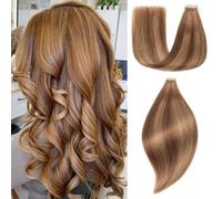 EINbeauty Tape Extensions Real Hair 20 Pieces Extensions Real Hair 60 cm 50 g Chocolate Brown with Caramel Blonde Tape-In Extensions Real Hair Invisible Real Hair Extensions Tape for Women (24 Inches