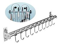 Einfagood Pot Rack, Kitchen Hooks Rack 12 Hooks with Magic Adhesivepads No Drilling，Stainless Steel Double Pipe, Extendable Length of 15.75" - 28.50" (12 Hooks)