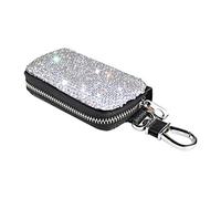 eing Bling Crystal Car Key Case Genuine Leather Auto Smart Keychain Holder Metal Hook and Keyring Zipper Bag for Remote Key Fob - Silver