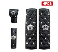 eing Pu Leather Car Seat Belt Cover Shoulder Seatbelt Pad Handbrake Cover Gear Shift Cover with Bling Rhinestones Crown Car Accessories,4PCS/Set,Black