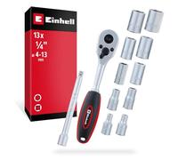 Einhell 13-piece Ratchet and Socket Set 1/4" (Extension, Chrome Vanadium Steel, Non-Slip Handle, Hanger)