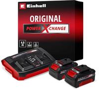 Einhell Power X-Change 18V, 4.0Ah Lithium-Ion Battery Twin Charger Starter Kit 2 x 4.0Ah Batteries and Twincharger Set Universally Compatible With All