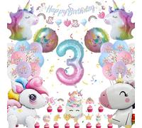 Einhor Birthday Decoration 3 Years, Party Decoration 4D Balloons Standing, Birthday Decoration Girls Foil Balloon Colourful Banner and Cake Decoration for Gifts Girls (Set Unicorn Decoration