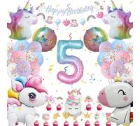 Einhor Birthday Decoration 5 Years, Party Decoration 4D Balloons Standing, Birthday Decoration Girls Foil Balloon Colourful Banner and Cake Decoration for Gifts Girls (Set Unicorn Decoration