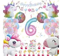 Einhor Birthday Decoration 6 Years, Party Decoration 4D Balloons Standing, Birthday Decoration Girls Foil Balloon Colourful Banner and Cake Decoration for Gifts Girls (Set Unicorn Decoration