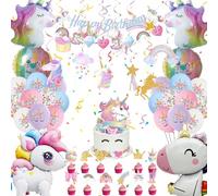 Einhor Children's Birthday Decoration, Party Decoration 4D Balloons Standing, Girls Birthday Decoration Foil Balloon Hanging Swirls Banner and Cake Decoration for Gifts Girls (Set Unicorn Birthday)