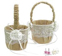 EinsSein 2x Flower basket Jute 17x26x13 girl baskets for weddings girls flowers satin with floral petals girlbasket rose of flowergirl bascket ceremony rose vintage set beads decorations aisle gift