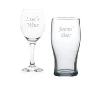 EIO Gifts Personalised Wine and Tulip Beer Glass Gift Set - Engraved with Any Custom Text